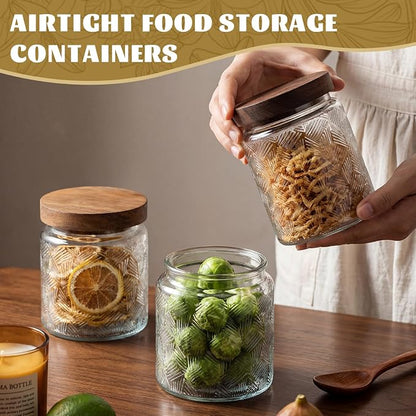 Suclain 6 Pcs 17 OZ Vintage Glass Jar with Acacia Wood Lids Airtight Glass Storage Canisters Kitchen Spice Jars Food Storage Containers for Pantry Coffee Grains Tea Sugar Flour(Fan-shaped)