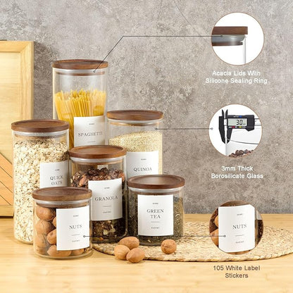Set of 6 Glass Pantry Jars with Acacia Wood Lids, 21oz Airtight Pantry Storage Containers with 105 Labels, Glass Kitchen Canisters for Coffee, Tea, Sugar, Spice