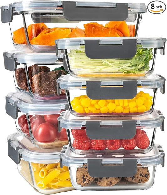 16PCS (8 Bowls + 8 Lids) High Borosilicate Glass Meal Prep Containers, Food Storage Containers with Airtight Lids, Glass Lunch Bento Boxes,Dishwasher Safe, grey