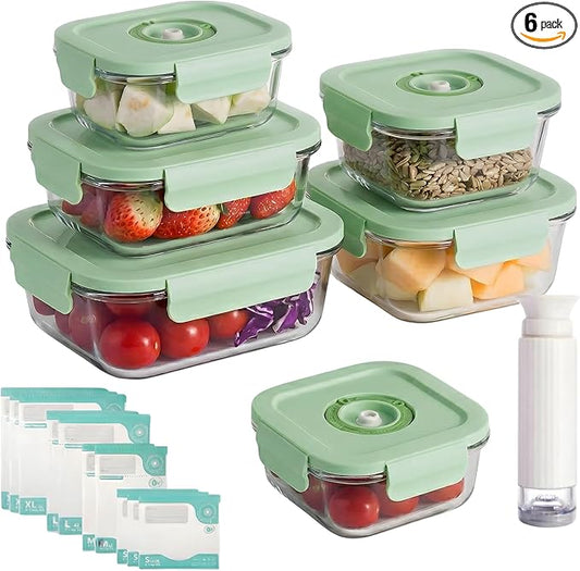 Glass Vacuum Sealable Container Set 6 Containers, 10 Bags, Hand Pump