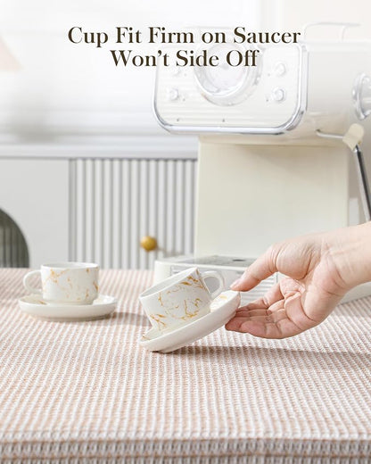 MALACASA 2.5 OZ Porcelain Espresso Cups with Saucers and Metal Stand Set of 4, Stackable Cappuccino Cups, Marble White Expresso Shots Cup Set for Coffee Drinks, Latte, Tea