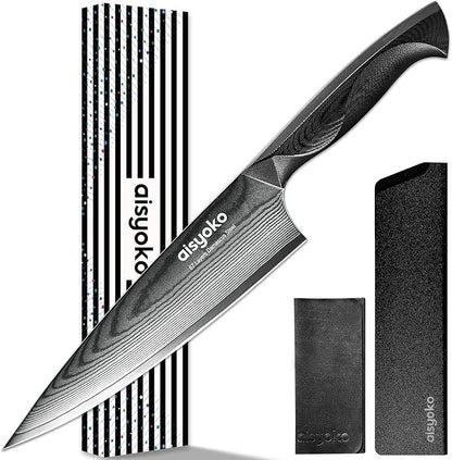 aisyoko Damascus Chef Knife 8 Inch Sharp Kitchen Knife Japan VG-10 Stainless Steel Carbon Ultra Sharp Kitchen Cooking Knife, Ergonomic G10 Handle Deluxe Gift Box