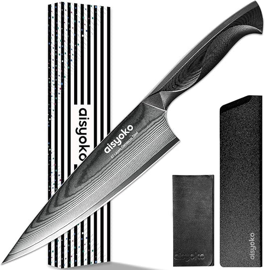 aisyoko Damascus Chef Knife 8 Inch Sharp Kitchen Knife Japan VG-10 Stainless Steel Carbon Ultra Sharp Kitchen Cooking Knife, Ergonomic G10 Handle Deluxe Gift Box