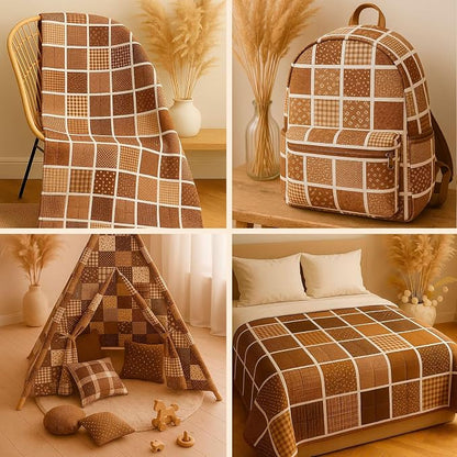 Cotton Satin Patchwork Fabric Panel – 35 Designs, 20×20 cm Squares, Single Piece 150×110 cm, Brown Patchwork Quilt Fabric (Autumn Brown Patchwork Set, 35pcs 8x8 inch)