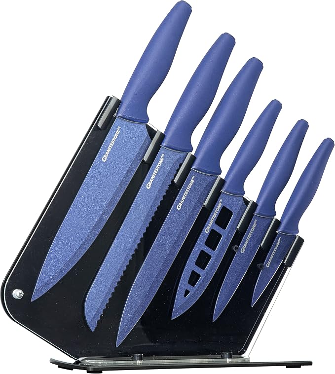 Nutriblade Knife Set with Block by Granitestone 6-Piece Professional Kitchen Chef’s Knives Ultra Sharp Stainless Steel Blades and Nonstick Granite Coating, Easy-Grip and Dishwasher-safe (Blue)