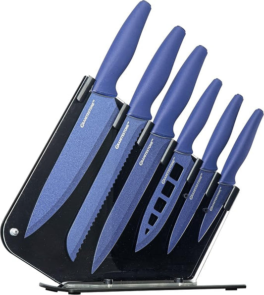 Nutriblade Knife Set with Block by Granitestone 6-Piece Professional Kitchen Chef’s Knives Ultra Sharp Stainless Steel Blades and Nonstick Granite Coating, Easy-Grip and Dishwasher-safe (Blue)
