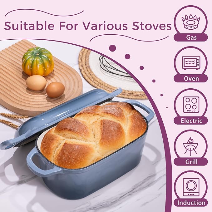 4.6-Quart Oval Dutch Oven for Bread Baking, 2 in 1 Enameled Cast Iron Bread Pan with Lid, Sourdough Baking Pan for a Crispy Crust, Seasalt