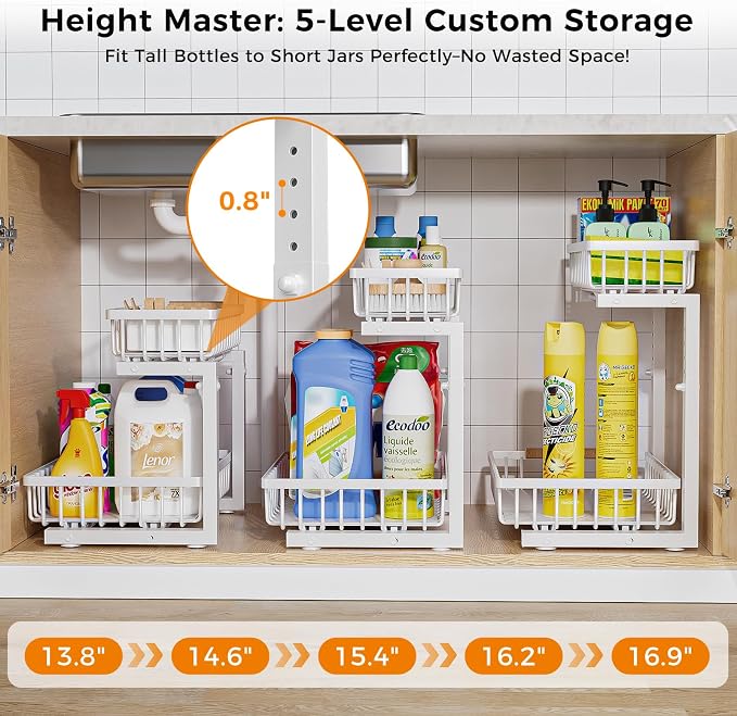 Under Sink Organizer,2 Pack Under Kitchen Sink Organizer,2 Tier Sliding-Out,5 Level Height Adjustable,Thickened Carbon Steel,Anti-Rust Treatment,for Kitchen Bathroom Black
