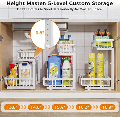 Under Sink Organizer,2 Pack Under Kitchen Sink Organizer,2 Tier Sliding-Out,5 Level Height Adjustable,Thickened Carbon Steel,Anti-Rust Treatment,for Kitchen Bathroom Black