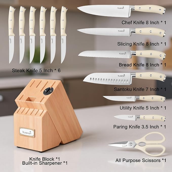 KUISINE Upgraded Knife Set High Carbon Stainless Steel Sharper Blade Ergonomic Handle,Knife Block Set with Built- in Sharpener(Ivory Pro Acacia,15PCS)