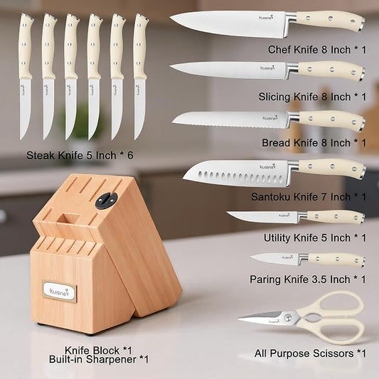 KUISINE Upgraded Knife Set High Carbon Stainless Steel Sharper Blade Ergonomic Handle,Knife Block Set with Built- in Sharpener(Ivory Pro Acacia,15PCS)