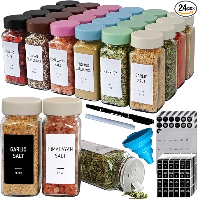 Spice Jars with Labels - 24 Glass Spice with Shaker Lids & Airtight Plastic Caps - 4oz Complete Seasoning Containers Organizer Set for Cabinet, Drawer & Rack (Beige)