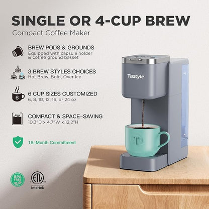 Tastyle Single Serve Coffee Maker, Iced and Hot Coffee Machine for K Cup & Grounds, Compact Design, 40oz Removable Water Reservoir, 6 to 24 Oz Brew Sizes, Fits 7.3" Travel Mug, Gray