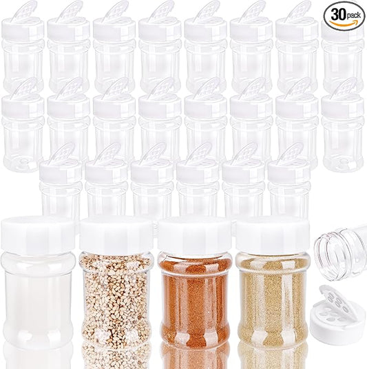30 Pcs 2 oz Mini Plastic Spice Jars with Sifters Clear Empty Spice Bottles Round Seasoning Containers for Travel Kitchen (White Top with 5 Hole)