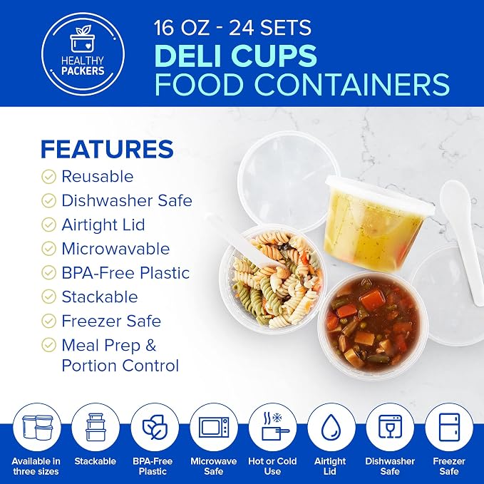 Healthy Packers 16oz Food Storage & Soup Containers with Airtight Lids - Clear Plastic Deli Cups - Great for Your Slime Kit - BPA Free | Leakproof - Microwaveable - Reusable & Freezer Safe (24 pack)