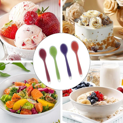Zorfeter 4 Pcs Small Silicone Spoons, Nonstick Kitchen Spoon Heat Resistant Stirring Serving Spoon for Kitchen Cooking Baking Mixing Tools(Transparent Purple+Orange+Red+Green)