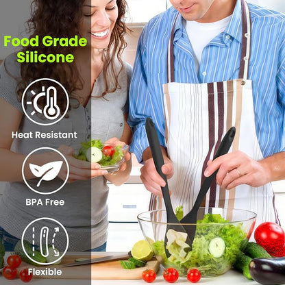 GEEKHOM Silicone Cooking Spoons, 4 Pieces 11" Heat Resistant Silicone Kitchen Utensils Set Large Serving Stirring Spoons for Non Stick Cooking, Mixing, Basting, Baking, Black