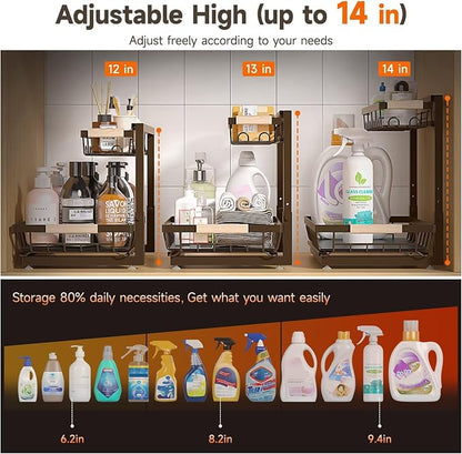 Sevenblue 2 Packs Under Sink Organizer, Height Adjustable 2 Tier Under Kitchen Sink Organizer, Multi-Purpose Storage Shelf for Kitchen Bathroom Cabinet (Brown, Extra Large)