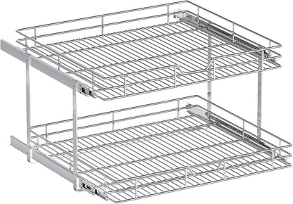 2-Tier Pull Out Cabinet Organizer, 25.5" W x 21.5" D, Heavy Duty Dual Slide Out Shelves for Wide Base Cabinets, Chrome Wire Basket Drawer for Pots, Pans, Pantry & Cleaning Supplies