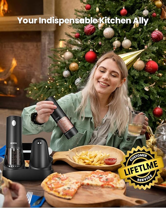Electric Salt and Pepper Grinder Set with Rechargeable Base - Automatic Refillable Electric Salt and Pepper Shakers with Large Capacity, LED Light & Adjustable Coarseness, Black