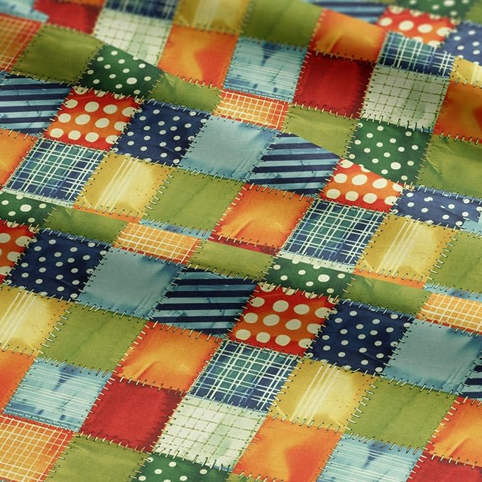 Patchwork Cotton Fabric Panel 61 x 36.6 Inches, Colorful Geometric Squares Quilt Style, 100% Cotton 140 GSM, Sewing Quilting Craft Fabric