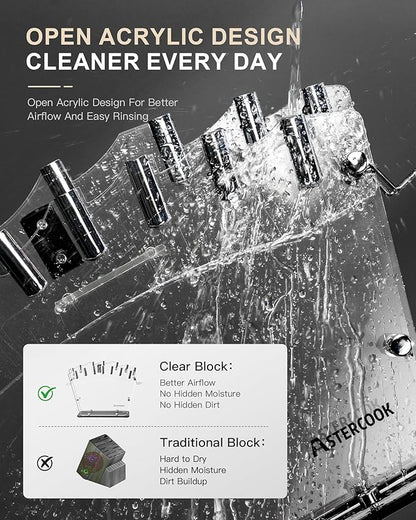 Astercook Knife Set with Block and Sharpener, 22 Piece Kitchen Knife Set Dishwasher Safe, Space-Saving Clear Knife Block with Knives for Everyday Home Cooking Black