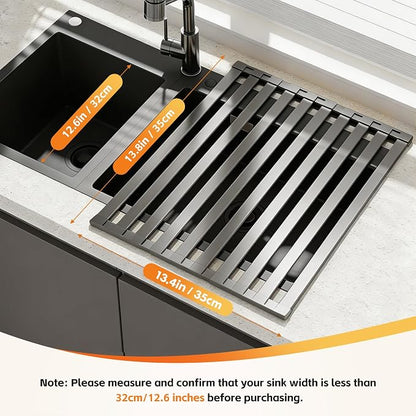 Foldable Over Sink Dish Drying Rack, Extra Wide & Thick Rust-Proof Aluminum Sink Cover for Counter Space, Collapsible Dish Drying Rack Fits Most Kitchen Sinks (Gray, 13.8“x13.6)