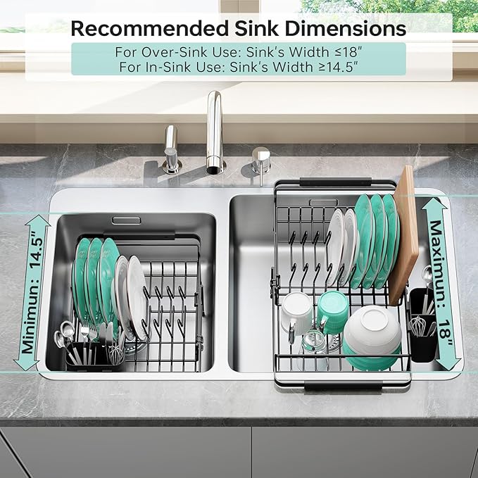 Urackify Dish Drying Rack in Sink - Stainless Steel Expandable (14.5''-18''L) Over The Sink Dish Rack with Utensil Holder, Space-Saving Dish Drainer for Kitchen Counter, 1 Piece, Matte Black