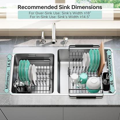 Urackify Dish Drying Rack in Sink - Stainless Steel Expandable (14.5''-18''L) Over The Sink Dish Rack with Utensil Holder, Space-Saving Dish Drainer for Kitchen Counter, 1 Piece, Matte Black