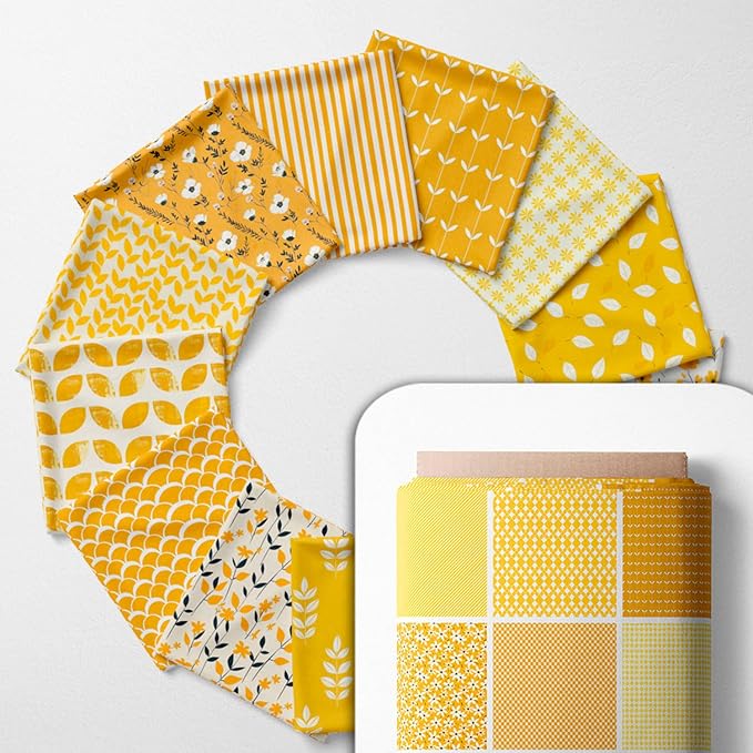 Cotton Satin Patchwork Fabric Panel – 35 Designs, 20×20 cm Squares, Single Piece 150×110 cm, Yellow Patchwork Quilt Fabric (Sunny Bloom Patchwork Set, 35pcs 8x8 inch)