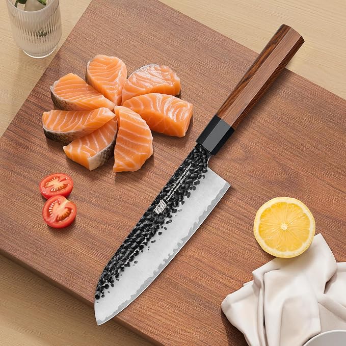 FINDKING Japanese Santoku Knife 7 Inch, Multipurpose Japanese Chef Knife with High Carbon Steel Blade, Rosewood Octagonal Handle, for Meat, Fish, Fruits and Vegetables, Dynasty Series