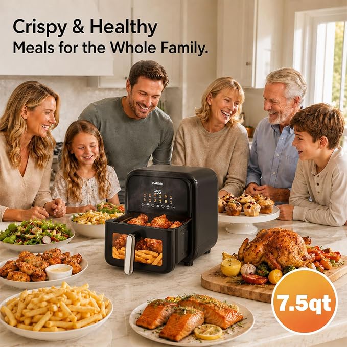 CARORI 7.5 Qt Air Fryer with Viewing Window, 12 Presets and DIY Mode, 1700W, Large Nonstick Dishwasher-Safe Basket, Air Fry, Bake, Roast, Reheat, Dehydrate, Black