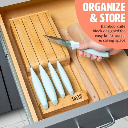 Tasty In-Drawer Kitchen Knife Set, Space-Saving Cutlery and Kitchen Organizer, Includes Chef, Bread, Santoku, Utility and Paring Knives, 6-Piece, Aqua