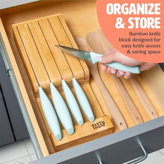 Tasty In-Drawer Kitchen Knife Set, Space-Saving Cutlery and Kitchen Organizer, Includes Chef, Bread, Santoku, Utility and Paring Knives, 6-Piece, Aqua