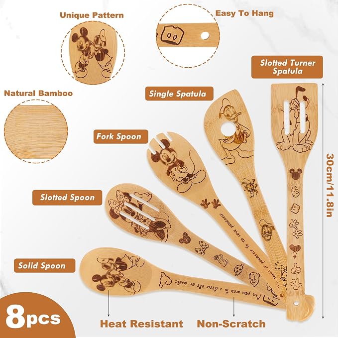 Wooden Spoons for Cooking,Cartoon Bamboo Spoons Utensils Set Kitchen Decoration with Apron Oven Mitt Potholder,Best Birthday Gifts,8PCS Cute Anniversary Present for Women Friends