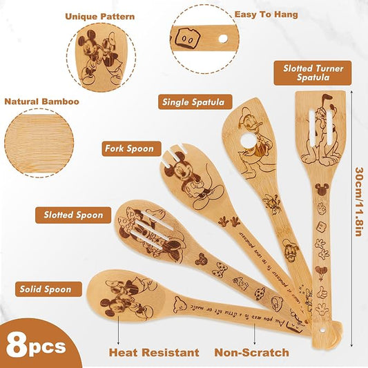 Wooden Spoons for Cooking,Cartoon Bamboo Spoons Utensils Set Kitchen Decoration with Apron Oven Mitt Potholder,Best Birthday Gifts,8PCS Cute Anniversary Present for Women Friends
