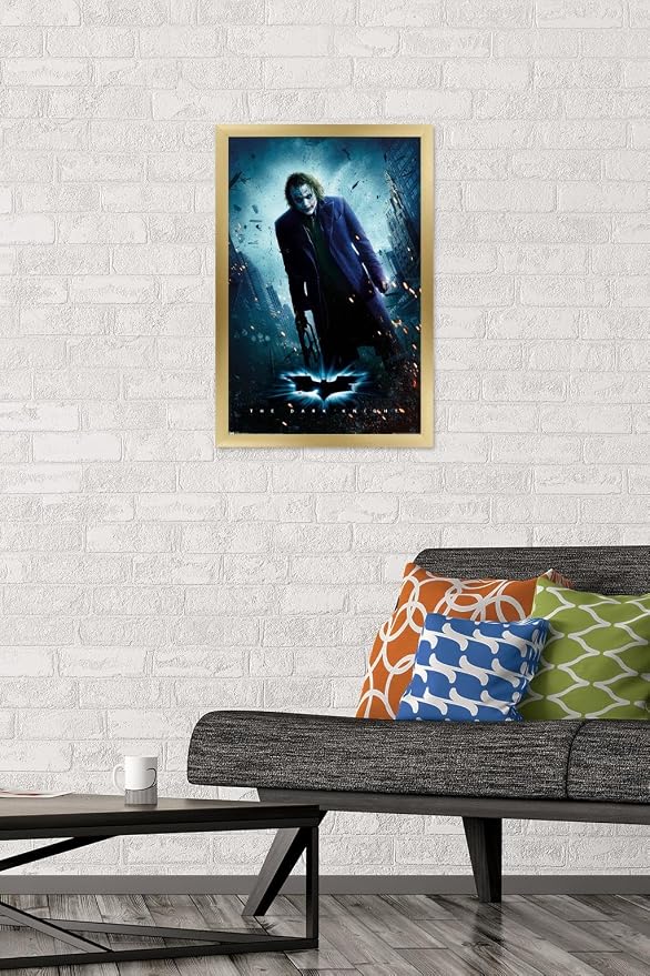 Trends International DC Comics Movie - The Dark Knight - The Joker - One Sheet Wall Poster, 14.725" x 22.375", Gold Framed Version