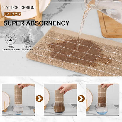 Mordimy 100% Cotton Terry Cloth Kitchen Towels, Super Soft and Absorbent Dish Towels for Drying, Checkered Designed Hand Towels for Kitchen, 16 x 26 Inches, 6 Pack, Tan