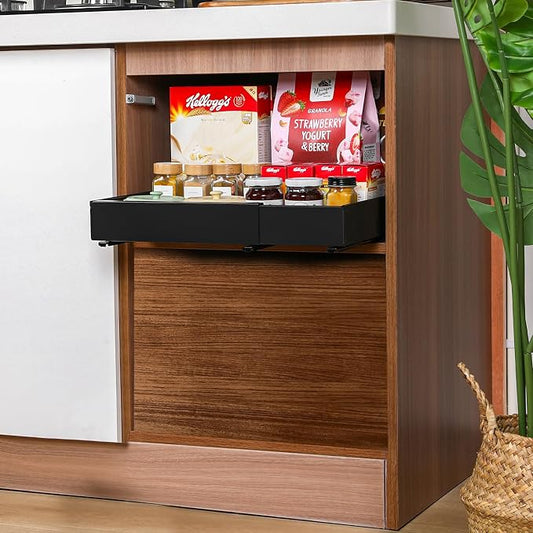 Pull Out Cabinet Organizer – Adjustable Sliding Shelf Inserts for Cabinets - Expandable Shelf Organizer from 12.6" to 20.5" – No Drill or Screw Install (Black, 1 Pack)