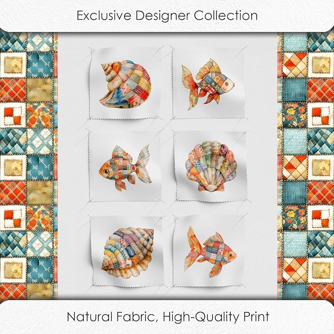 Patchwork Fish Cotton Fabric Panel – 6 Designs (10×10 inch Each) + Bonus Sheet 29.5×19.6 inch, 100% Cotton 140 GSM, Made in Türkiye
