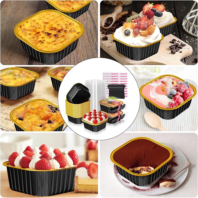10oz Aluminum Foil Brownie Pans with Lids and Spoons, 40 Pack Square 4”X4” Disposable Ramekins Muffin Tins,Mini Cake Pans Baking Cups,Individual Cupcake Containers Dessert Cups - Black Gold