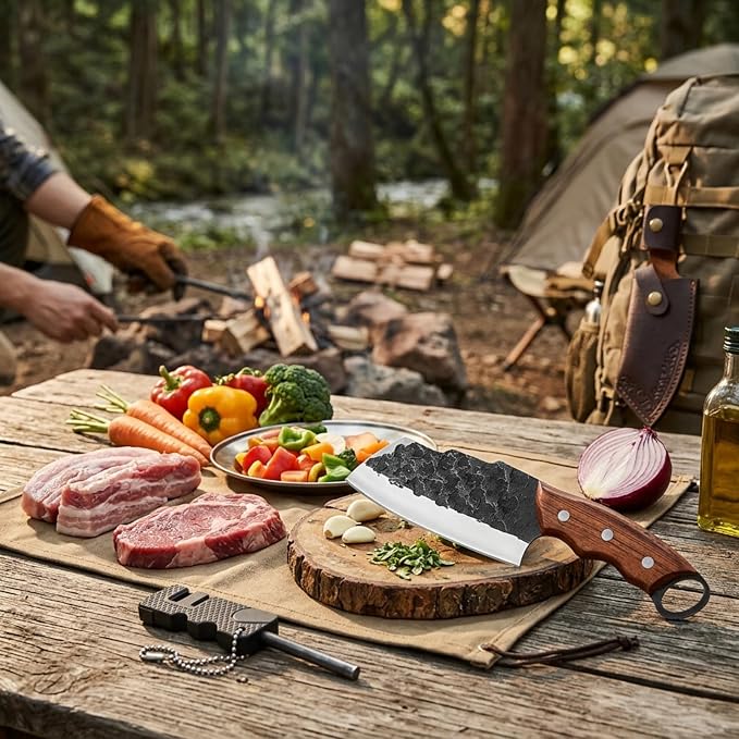 KOFERY Hand Forged Serbian Butcher Knife with Full Tang 4Cr13MoV Steel, Viking Meat Cleaver for Butchering, Camp Cooking and BBQ, Includes Leather Sheath & Pocket Sharpener