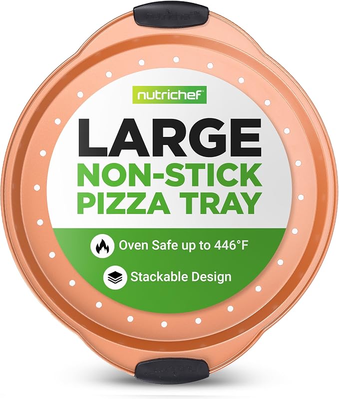 NutriChef 13-Inch Nonstick Pizza Tray - Round Carbon Steel Non-Stick Pizza Baking Pan with Perforated Holes, Premium Bakeware Pizza Screen with Silicone Grip Handles, Dishwasher Safe - Copper