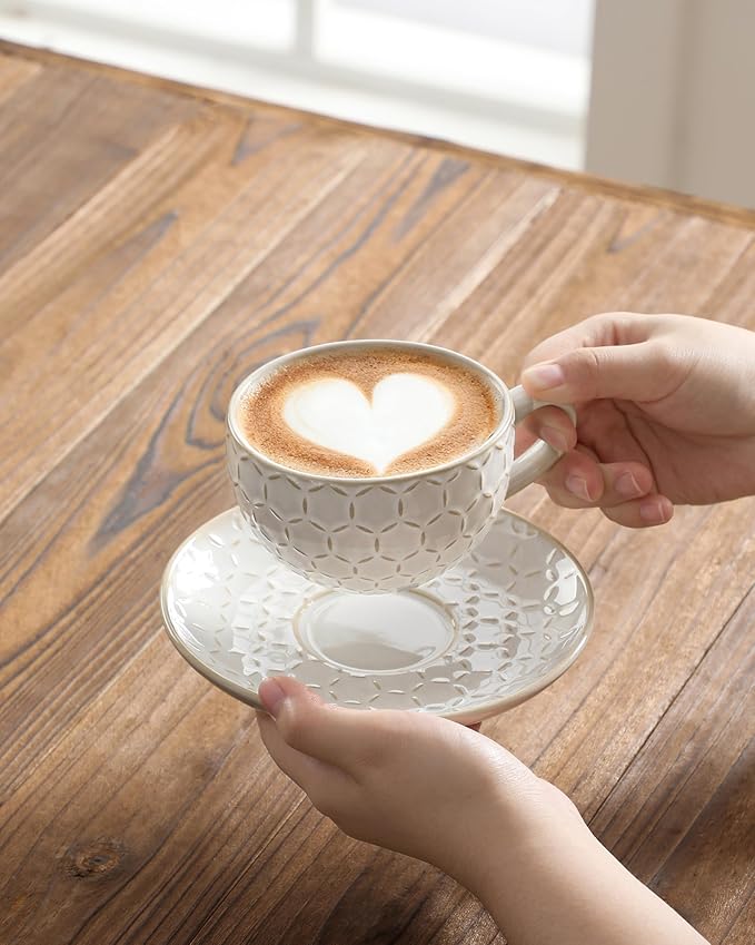 MALACASA 8 OZ Cappuccino Cups with Saucers Set of 4 - Ceramic Stackable Tea Cups and Saucers, Embossment Coffee Mugs for Tea, Latte and Mocha, Dishwasher Safe, Arctic white, LYDIA Series