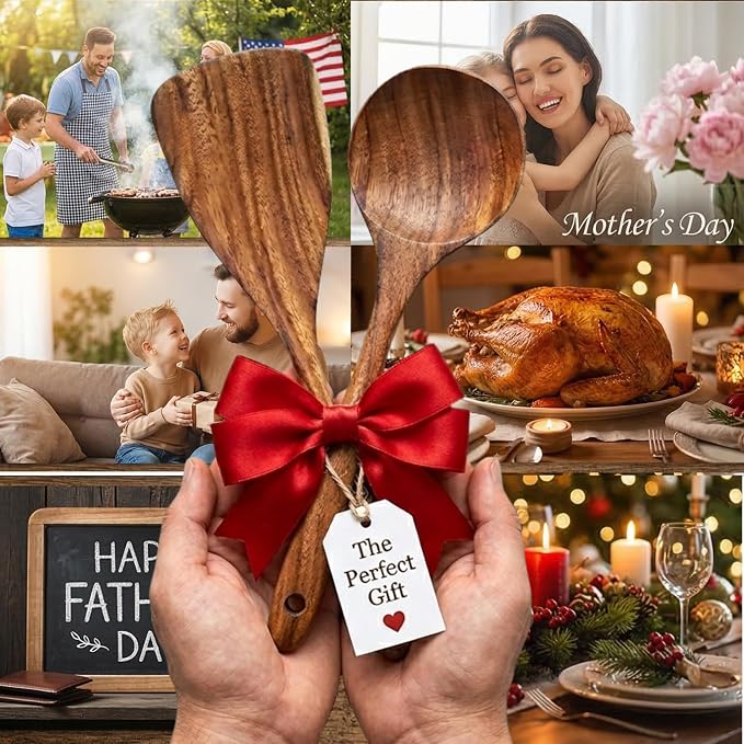 2 Piece Teak Wood Utensils Set– Flat Edge Turner & Serving Spoon – Non Toxic, Dishwasher Safe, Plastic Free Wooden Spatulas for Nonstick Pans – Essential Kitchen Utensils for Cooking"