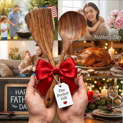 2 Piece Teak Wood Utensils Set– Flat Edge Turner & Serving Spoon – Non Toxic, Dishwasher Safe, Plastic Free Wooden Spatulas for Nonstick Pans – Essential Kitchen Utensils for Cooking"