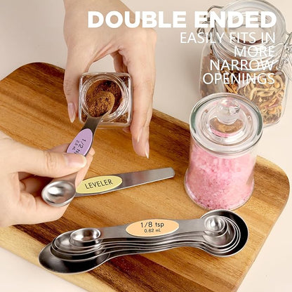 ChefAide Pack of 8 Stainless Steel Magnetic Measuring Spoons Set, Dual Sided, Stackable, Adjustable Teaspoon and Tablespoon Measure Spoon with Leveler, Kitchen Gadgets