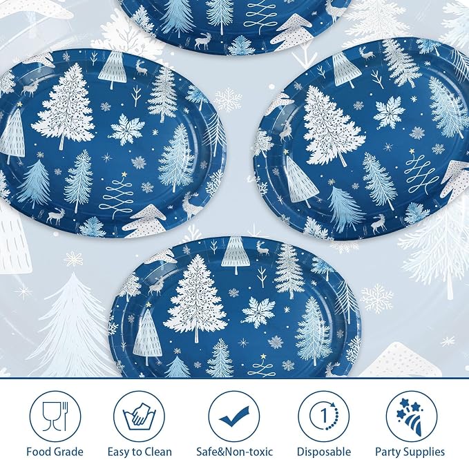 50Pcs Winter Tree Oval Paper Plates 10" x 12" Winter Wonderland Blue Large Heavy Duty Plates Christmas Tree Snowflake Disposable Platters Tableware for Xmas Holiday Party Decorations