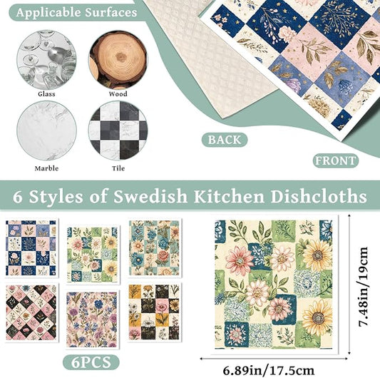 Swedish Dishcloths for Kitchen, 6 Pack Retro Floral Swedish Dish Cloths, Absorbent Vintage Flower Sponge Cleaning Towels Wipes for Kitchen Cooking Home Decoration Housewarming Gifts