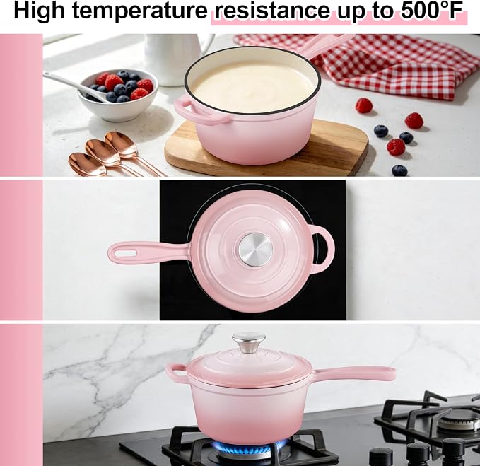 2 Quart Sauce Pan with Lid, Leonyo Small Cooking Pots, Enameled Cast Iron Cookware Set Simmer Pots for Kitchen Induction Boiling Soup, Bread, Ramen - Up to 500°F & Oven Safe, Pink